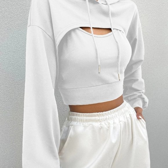White Preppy Womens Drop Shoulder Drawstring Super Crop Hoodie & Top - Picture 3 of 5